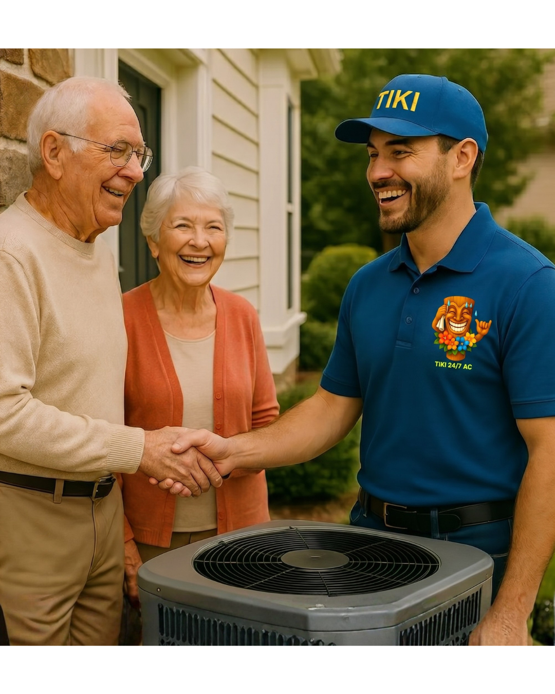 Happy homeowners shaking hands with TIKI technician